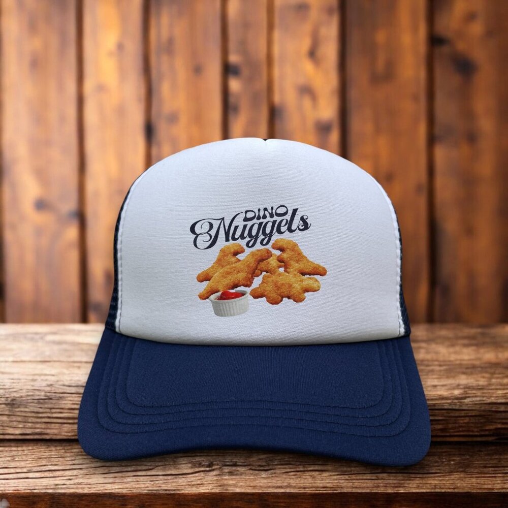Dino Nuggets Unisex Trucker Hat Navy Dinosaur Chicken Nuggets 90s Childhood Cap